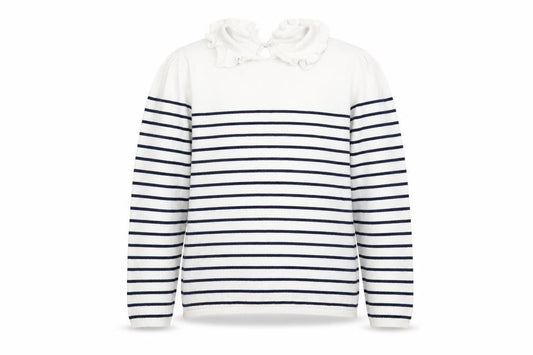 Front view of Tape à L’Oeil girls’ ivory navy striped cotton ruffle neck jumper 10 years