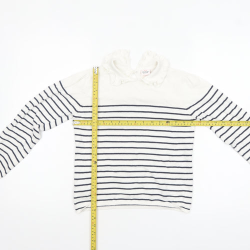 Tape à L’Oeil Girls Ivory Navy Striped Cotton Ruffle Neck Pullover Jumper 10 Years