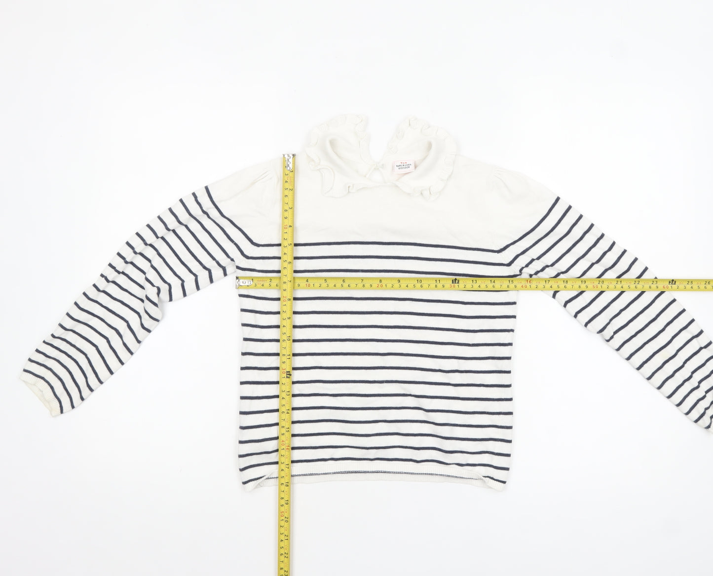 Tape à L’Oeil Girls Ivory Navy Striped Cotton Ruffle Neck Pullover Jumper 10 Years