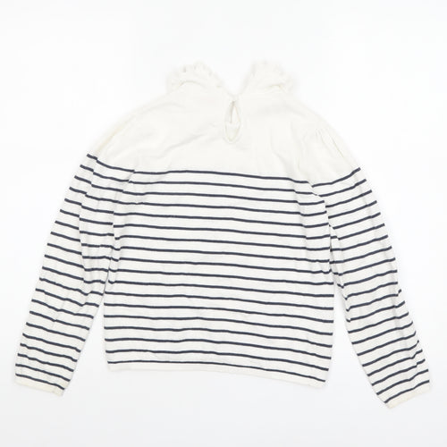Tape à L’Oeil Girls Ivory Navy Striped Cotton Ruffle Neck Pullover Jumper 10 Years