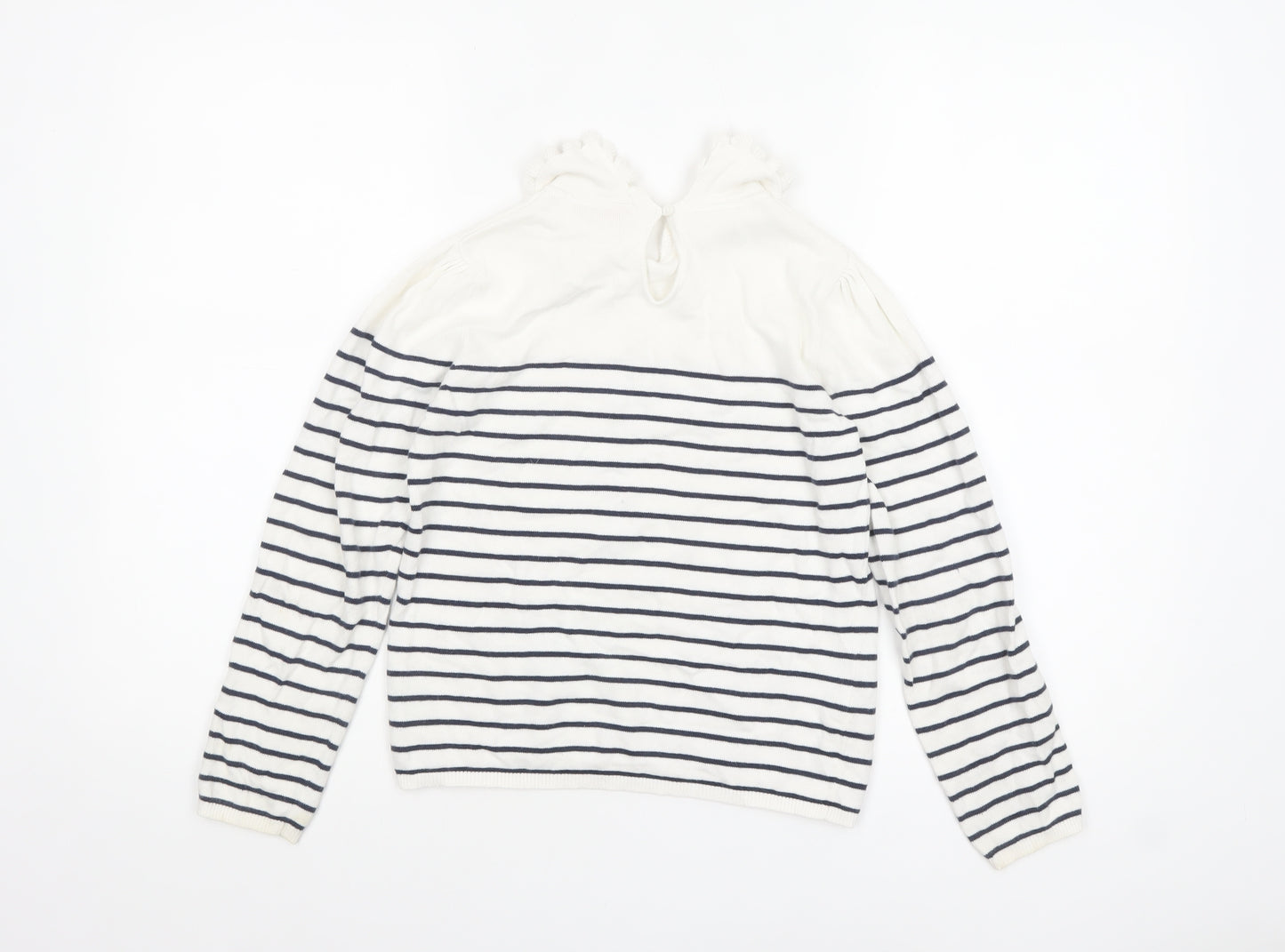 Tape à L’Oeil Girls Ivory Navy Striped Cotton Ruffle Neck Pullover Jumper 10 Years