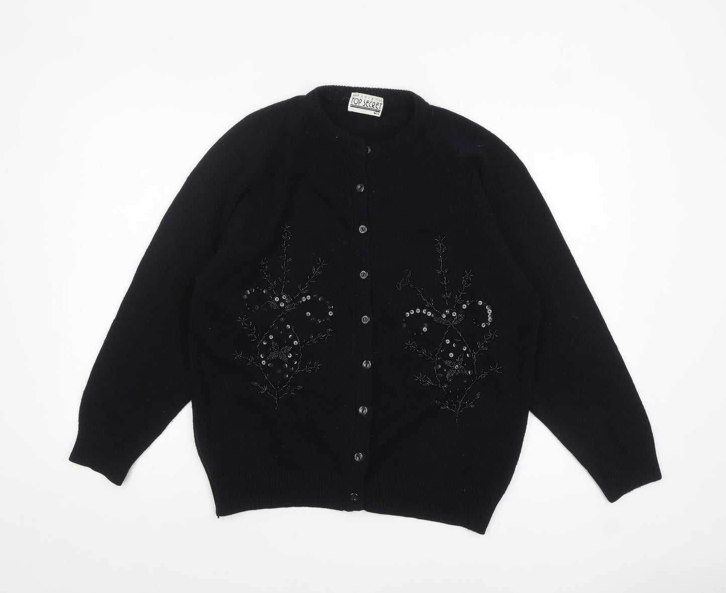 Top Secret Women Black Cardigan M/L Beaded Button Knit Classic Style