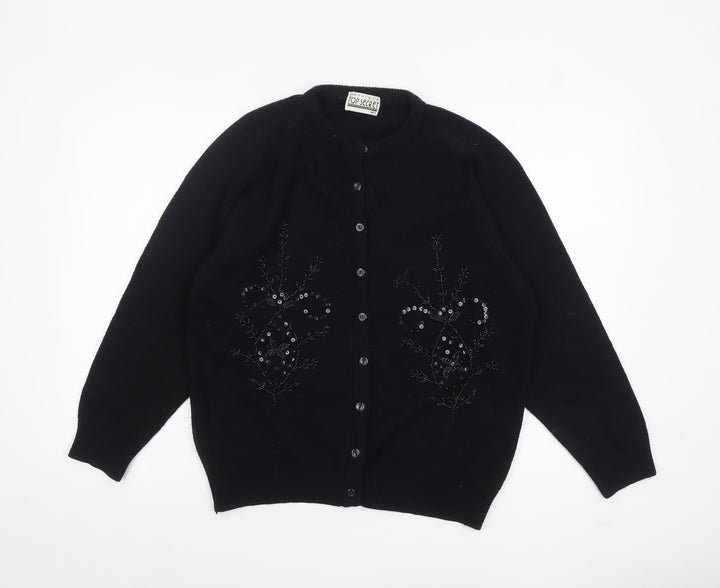 Top Secret Women Black Cardigan M/L Beaded Button Knit Classic Style