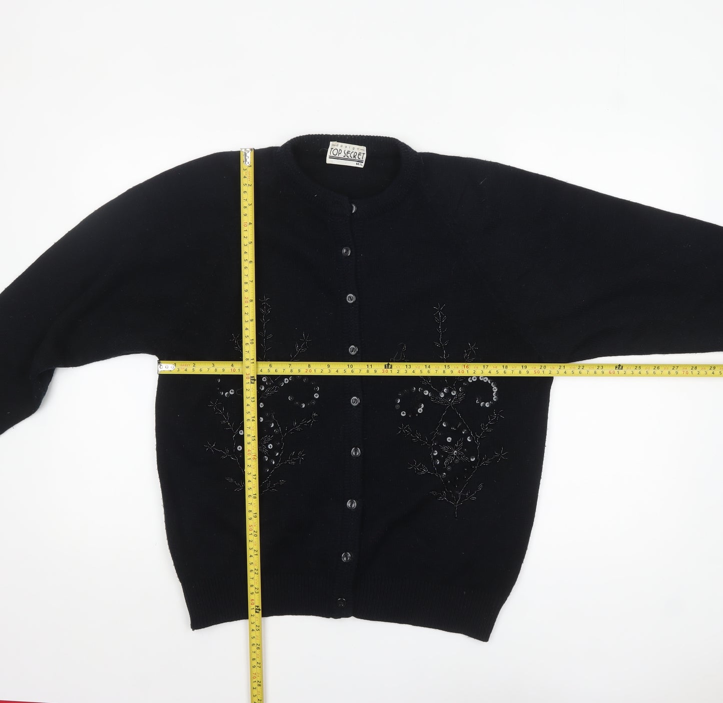 Top Secret Women Black Cardigan M/L Beaded Button Knit Classic Style