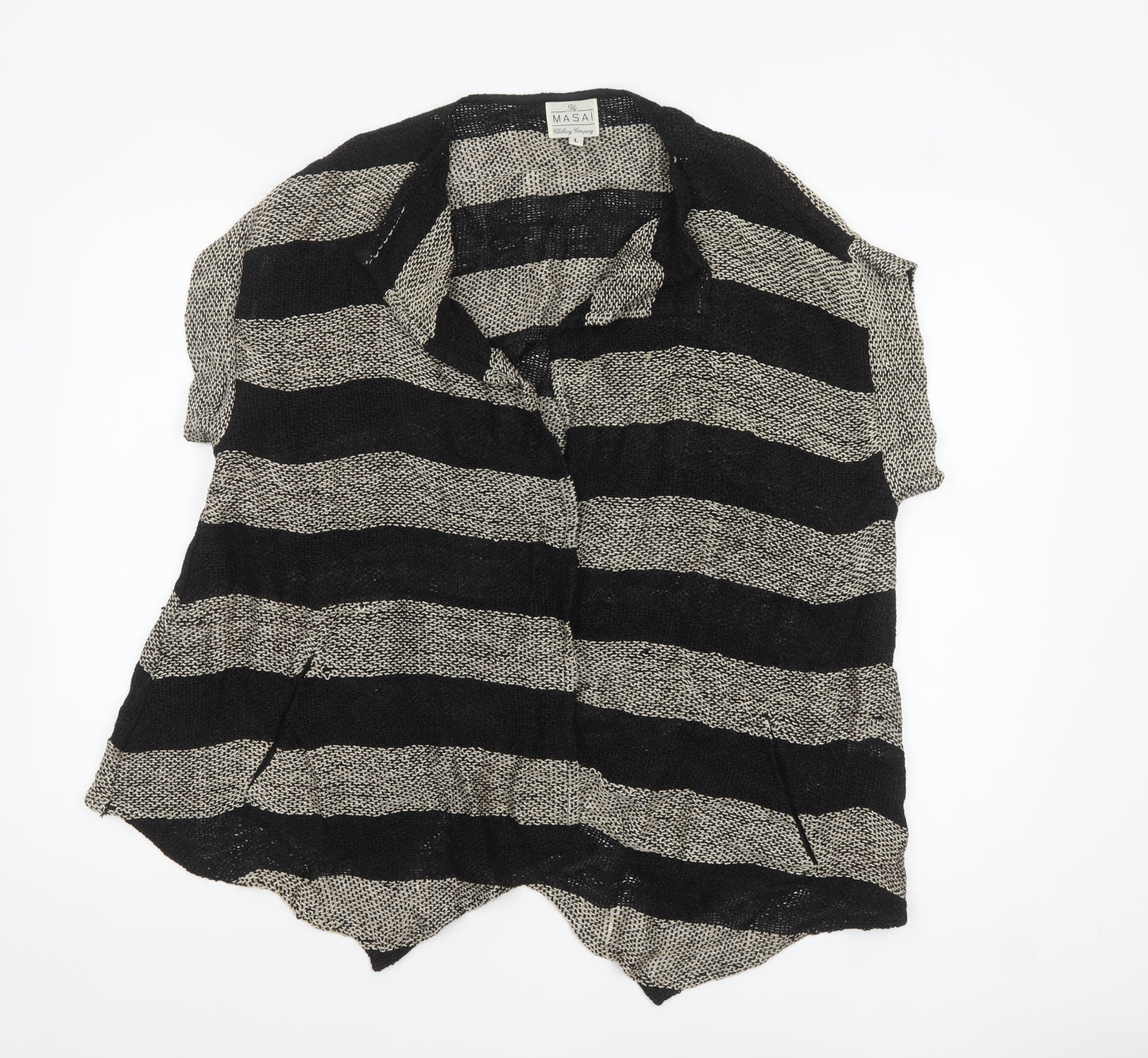 Masai Women Black & Beige Striped Open Knit Cardigan Size L