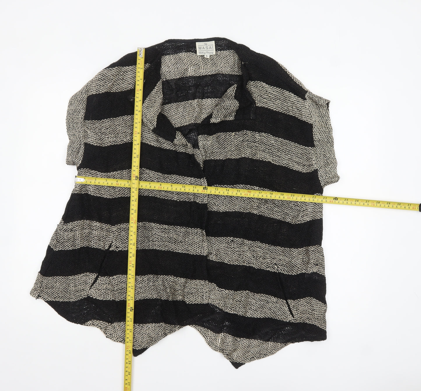 Masai Women Black & Beige Striped Open Knit Cardigan Size L