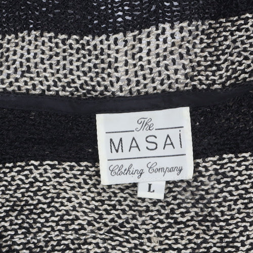 Masai Women Black & Beige Striped Open Knit Cardigan Size L