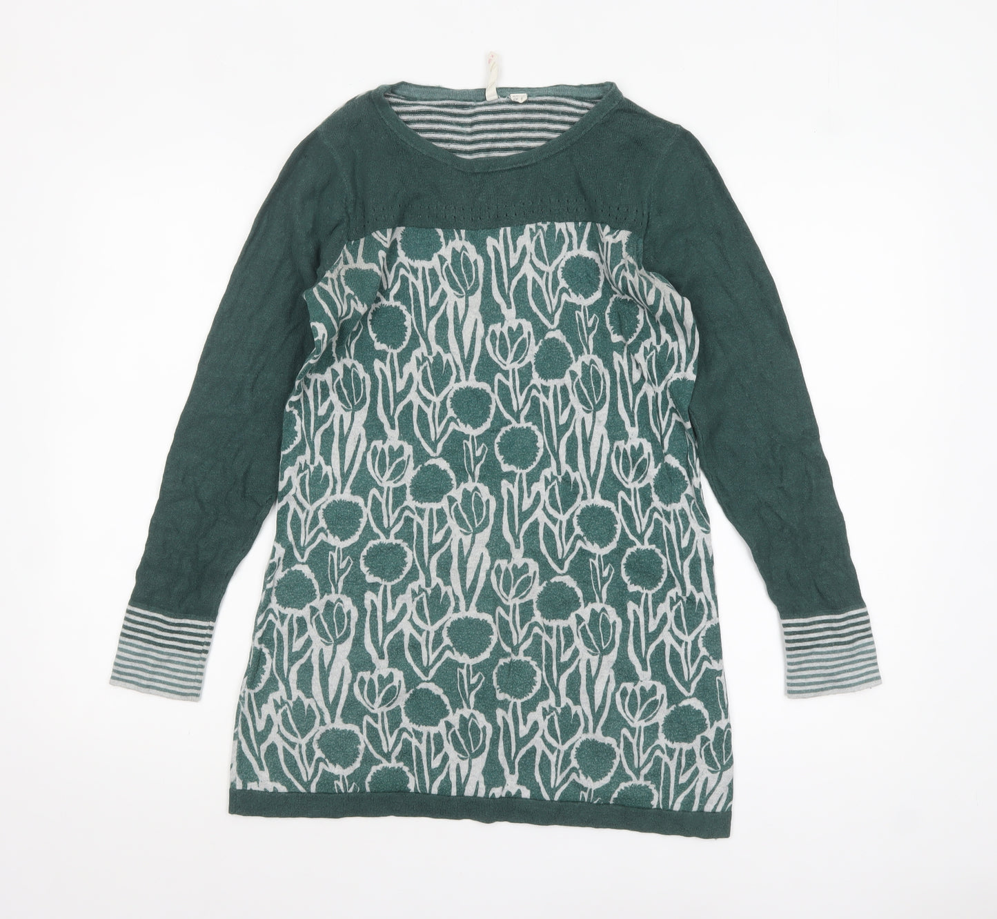 White Stuff Womens Green Floral Knit Tunic Jumper UK 8 Cotton Wool Blend