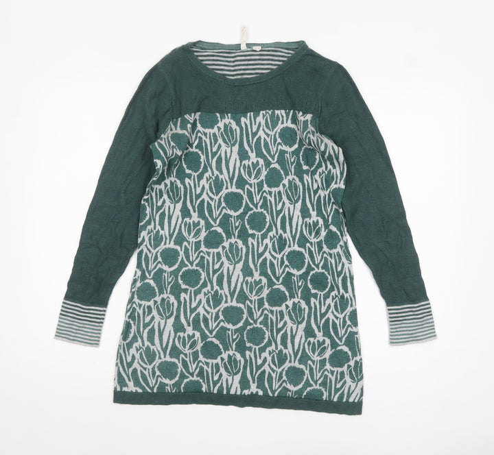 White Stuff Womens Green Floral Knit Tunic Jumper UK 8 Cotton Wool Blend