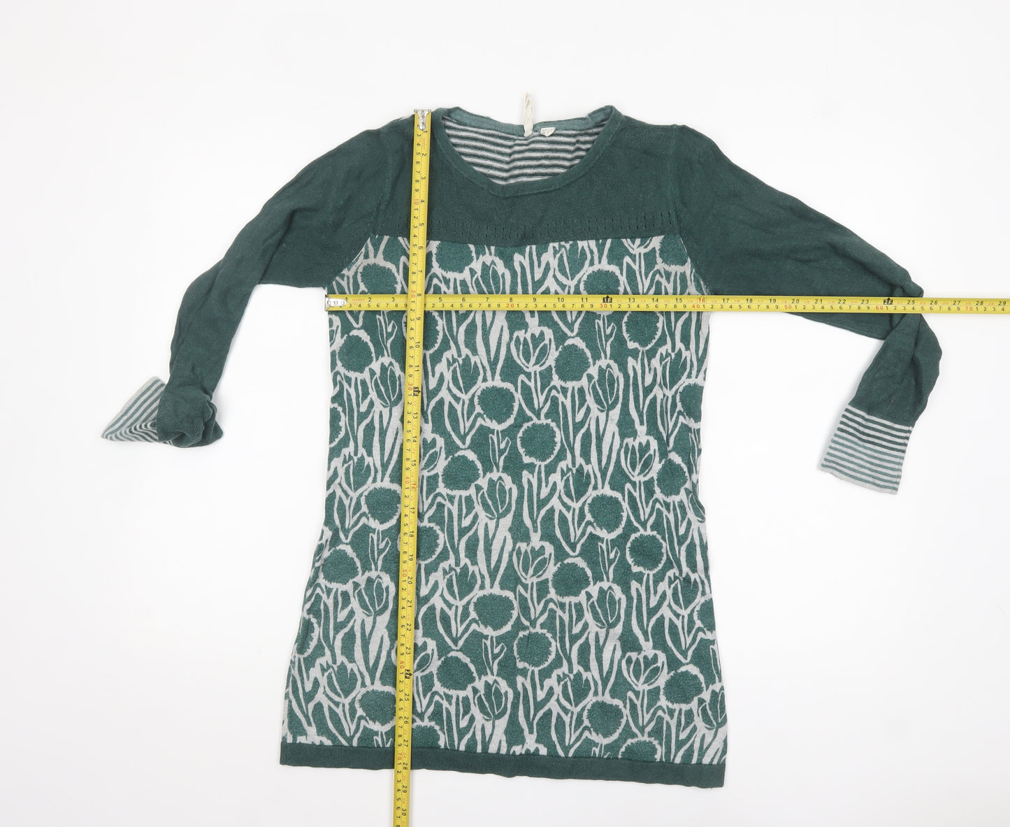 White Stuff Womens Green Floral Knit Tunic Jumper UK 8 Cotton Wool Blend