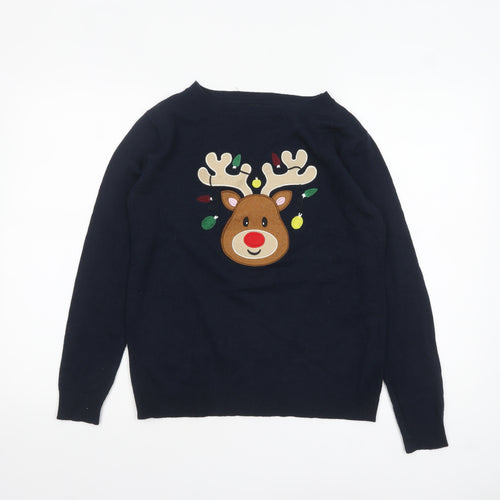 Atmosphere Women Navy Blue Christmas Reindeer Jumper Size S 6/8 Acrylic Knit