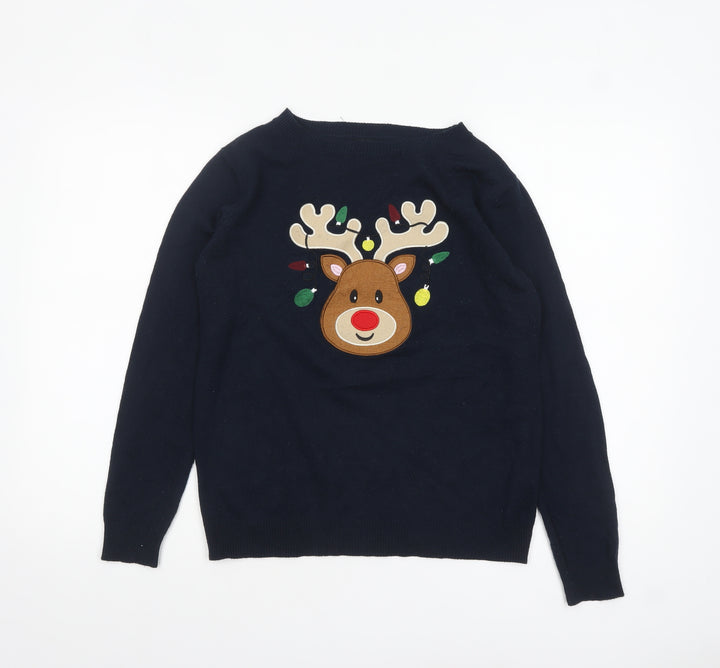 Atmosphere Women Navy Blue Christmas Reindeer Jumper Size S 6/8 Acrylic Knit