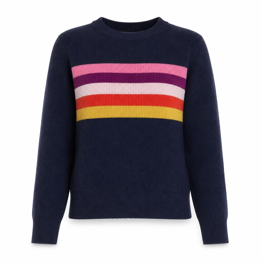 Front view of If It Were Me women’s navy striped crew neck jumper, size M