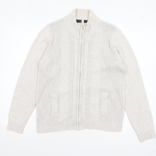 Isle Essentials Women's Beige Cotton Full Zip Cable Knit Jumper Size M 14-16