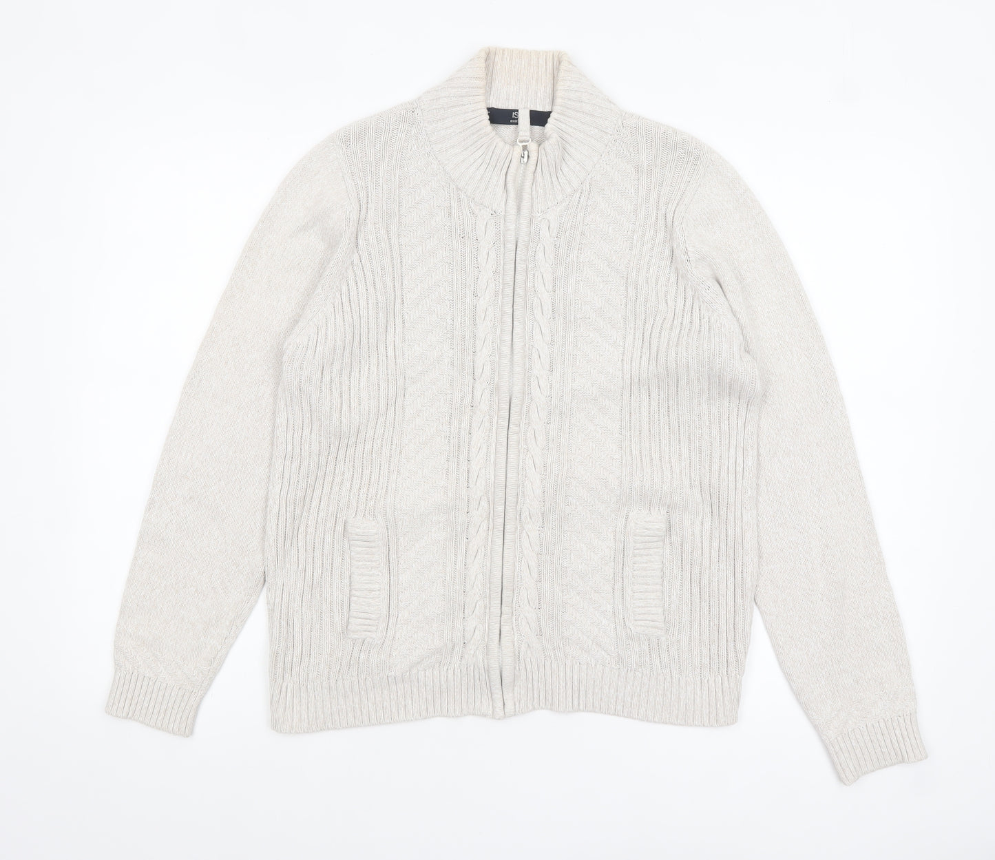 Isle Essentials Women's Beige Cotton Full Zip Cable Knit Jumper Size M 14-16