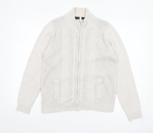 Isle Essentials Women's Beige Cotton Full Zip Cable Knit Jumper Size M 14-16