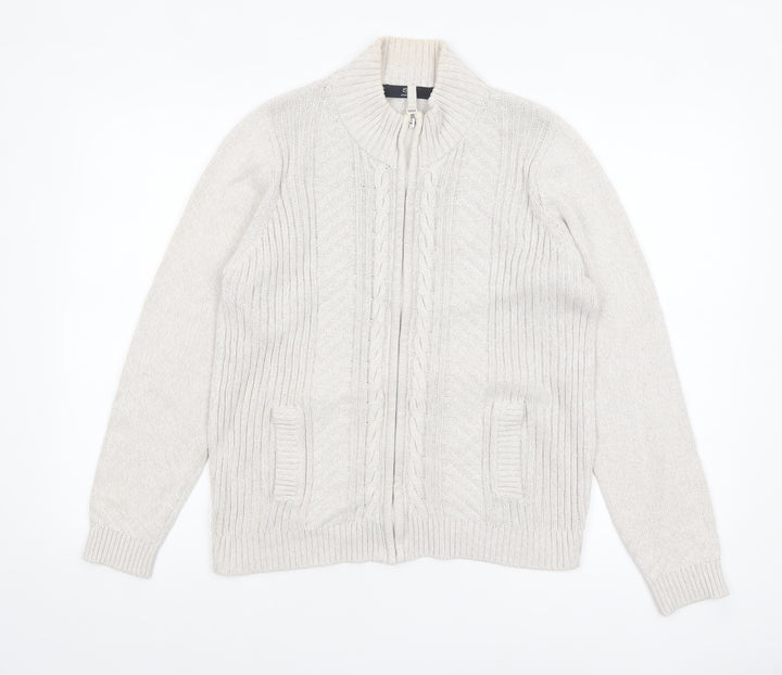 Isle Essentials Women's Beige Cotton Full Zip Cable Knit Jumper Size M 14-16