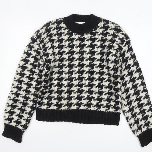 Zara Women Black Houndstooth Knit Jumper Size 12 Crew Neck Pullover