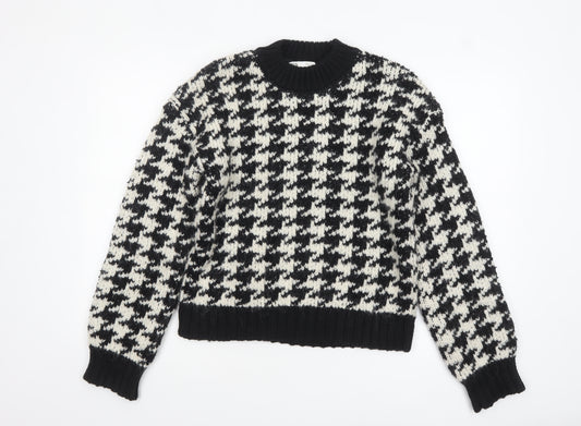 Zara Women Black Houndstooth Knit Jumper Size 12 Crew Neck Pullover