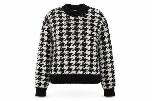 Front view of Zara Women Black Houndstooth Knit Jumper, size 12, Crew Neck Pullover