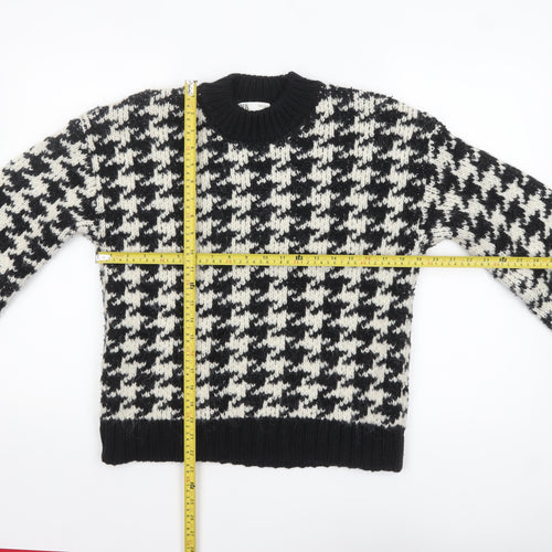 Zara Women Black Houndstooth Knit Jumper Size 12 Crew Neck Pullover
