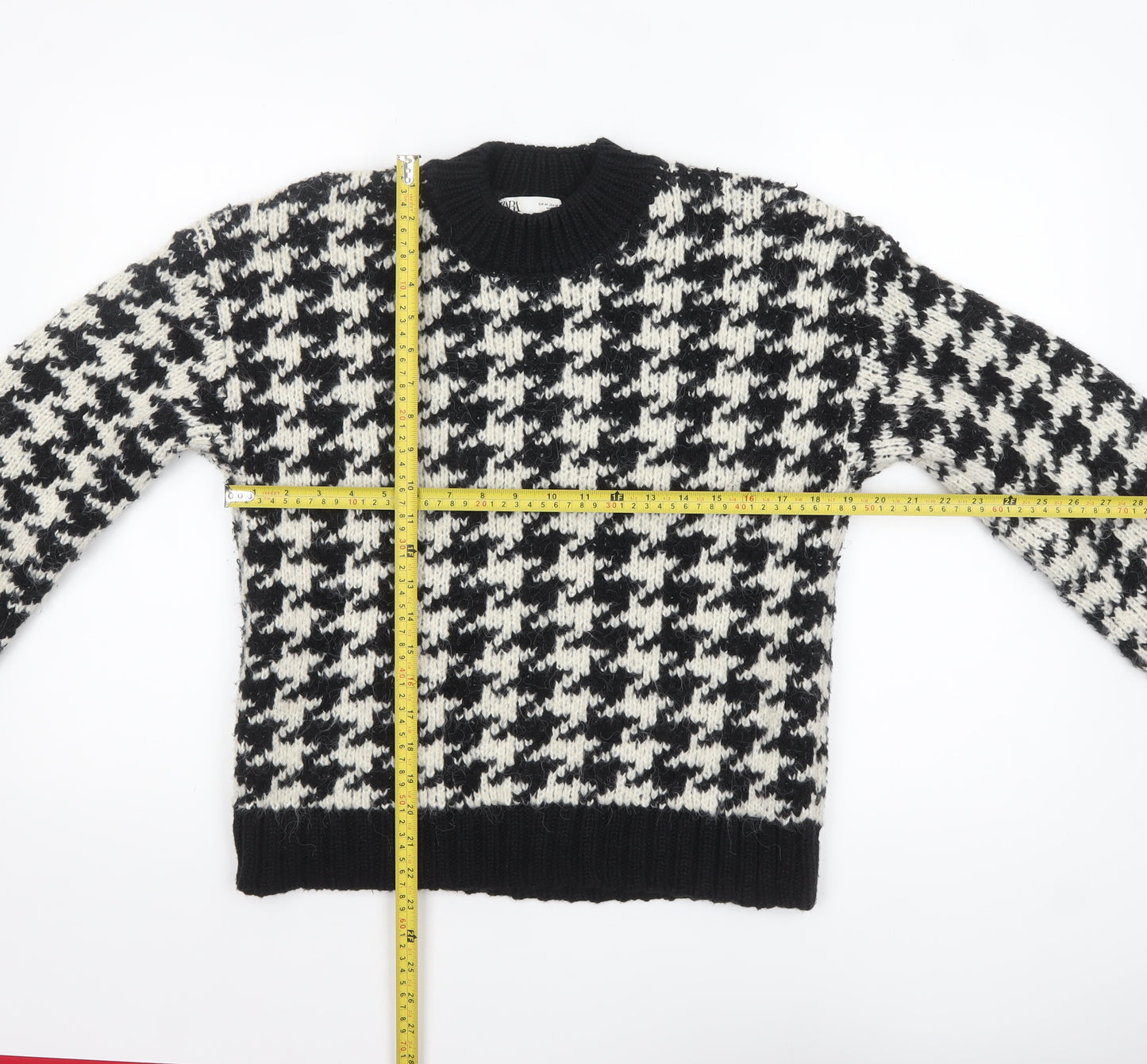 Zara Women Black Houndstooth Knit Jumper Size 12 Crew Neck Pullover