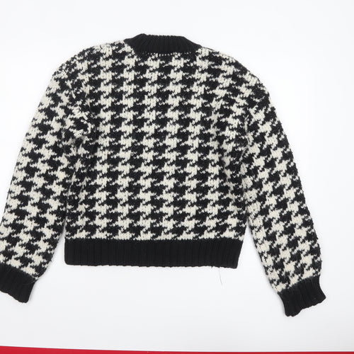 Zara Women Black Houndstooth Knit Jumper Size 12 Crew Neck Pullover