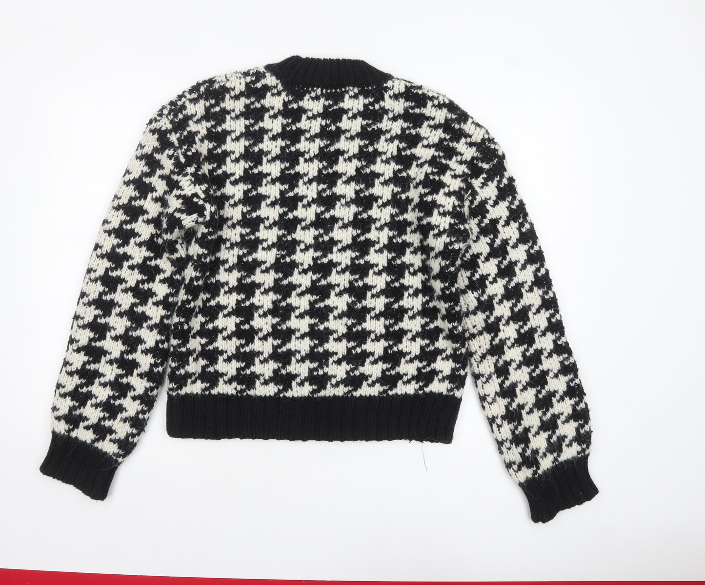 Zara Women Black Houndstooth Knit Jumper Size 12 Crew Neck Pullover