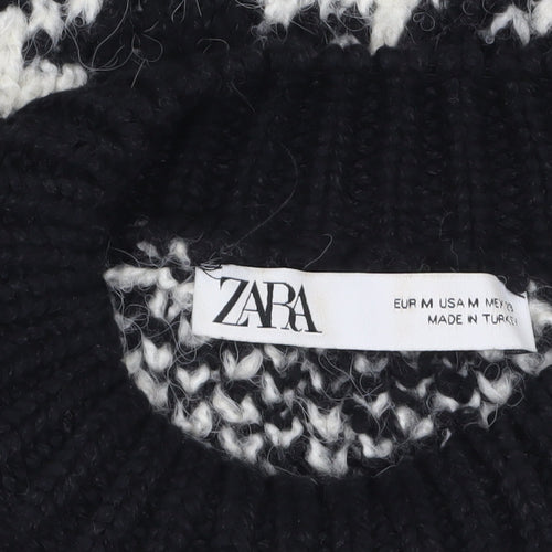 Zara Women Black Houndstooth Knit Jumper Size 12 Crew Neck Pullover