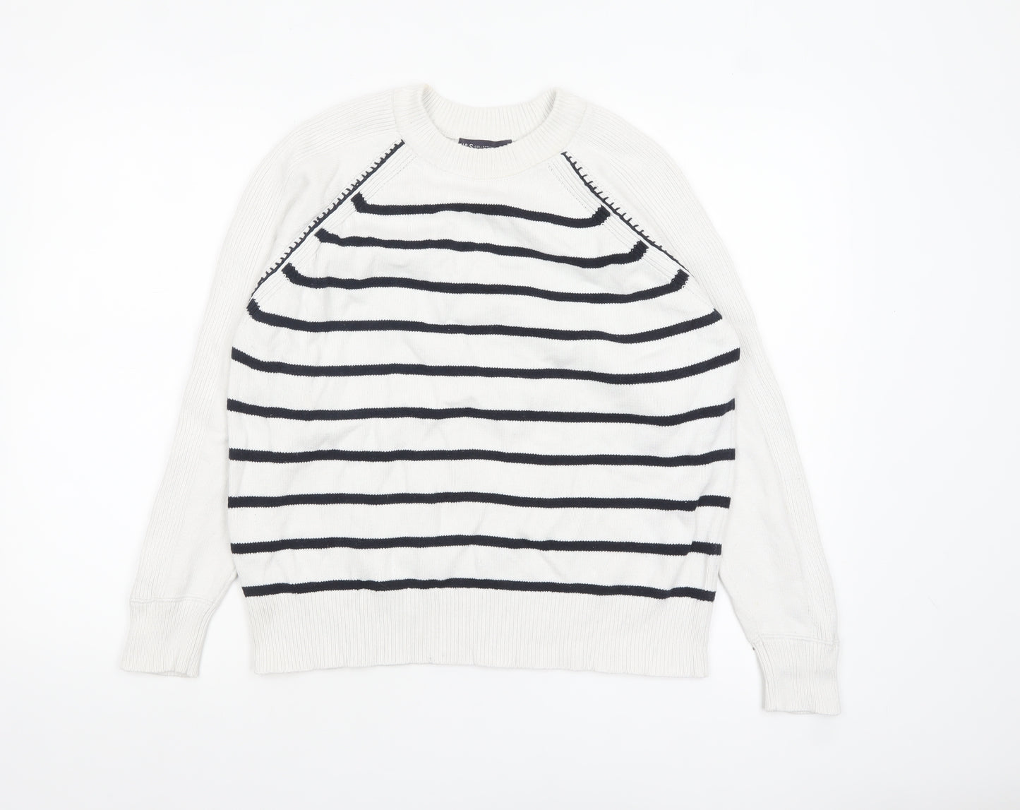 Marks and Spencer Women’s White Striped Cotton Crew Neck Jumper M