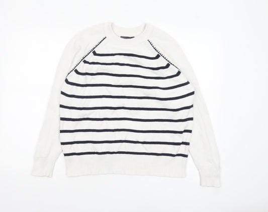 Marks and Spencer Women’s White Striped Cotton Crew Neck Jumper M