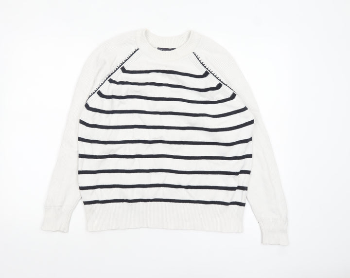 Marks and Spencer Women’s White Striped Cotton Crew Neck Jumper M