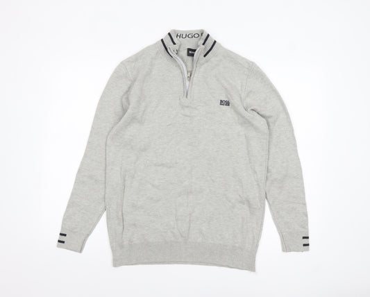 Hugo Boss Men’s Grey 1/4 Zip Cotton Jumper Size L Classic Knitwear