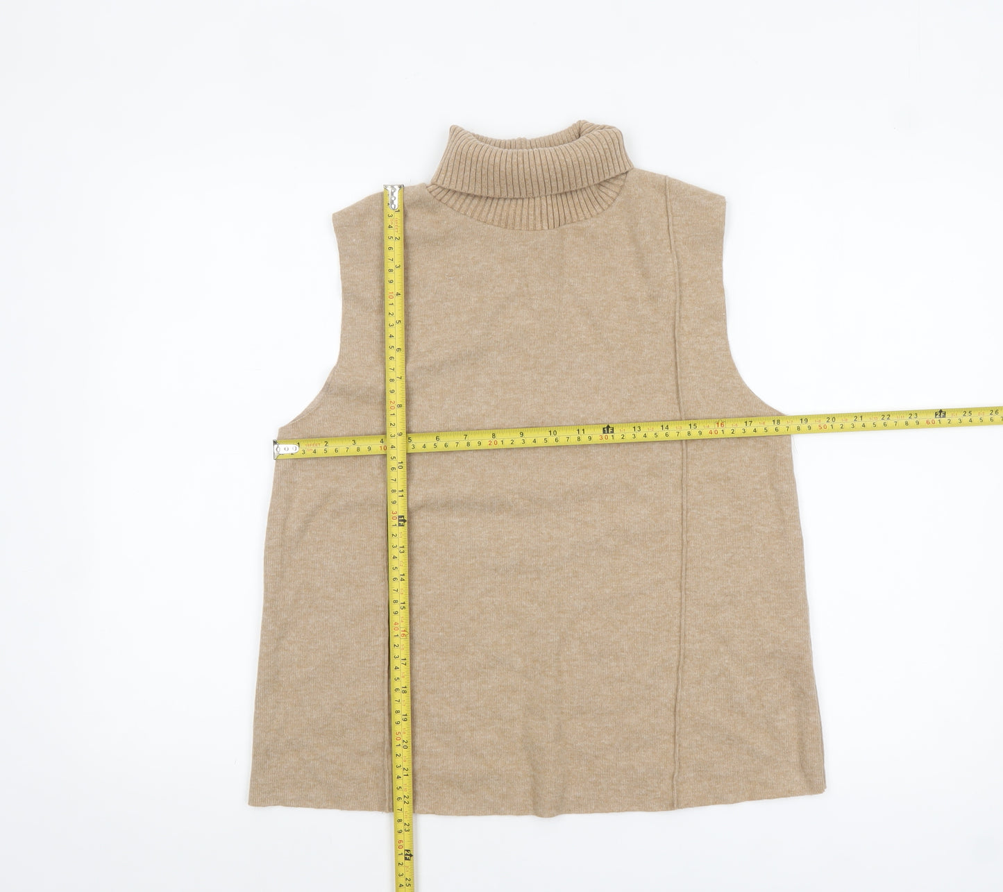 Zara Women Beige Roll Neck Sleeveless Knit Top M