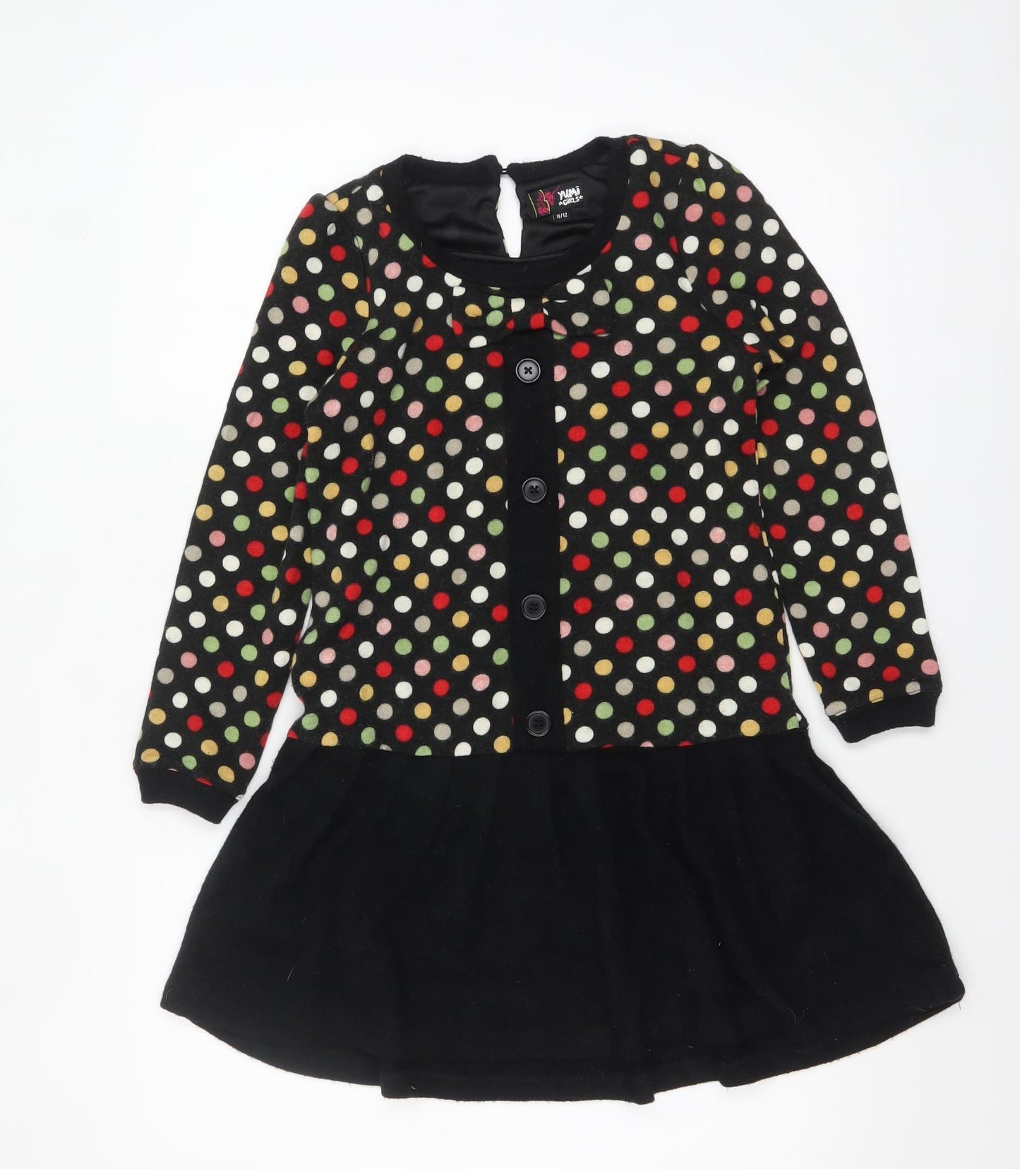 Yumi Girls Black Polka Dot Skater Dress 11-12 Years Long Sleeve