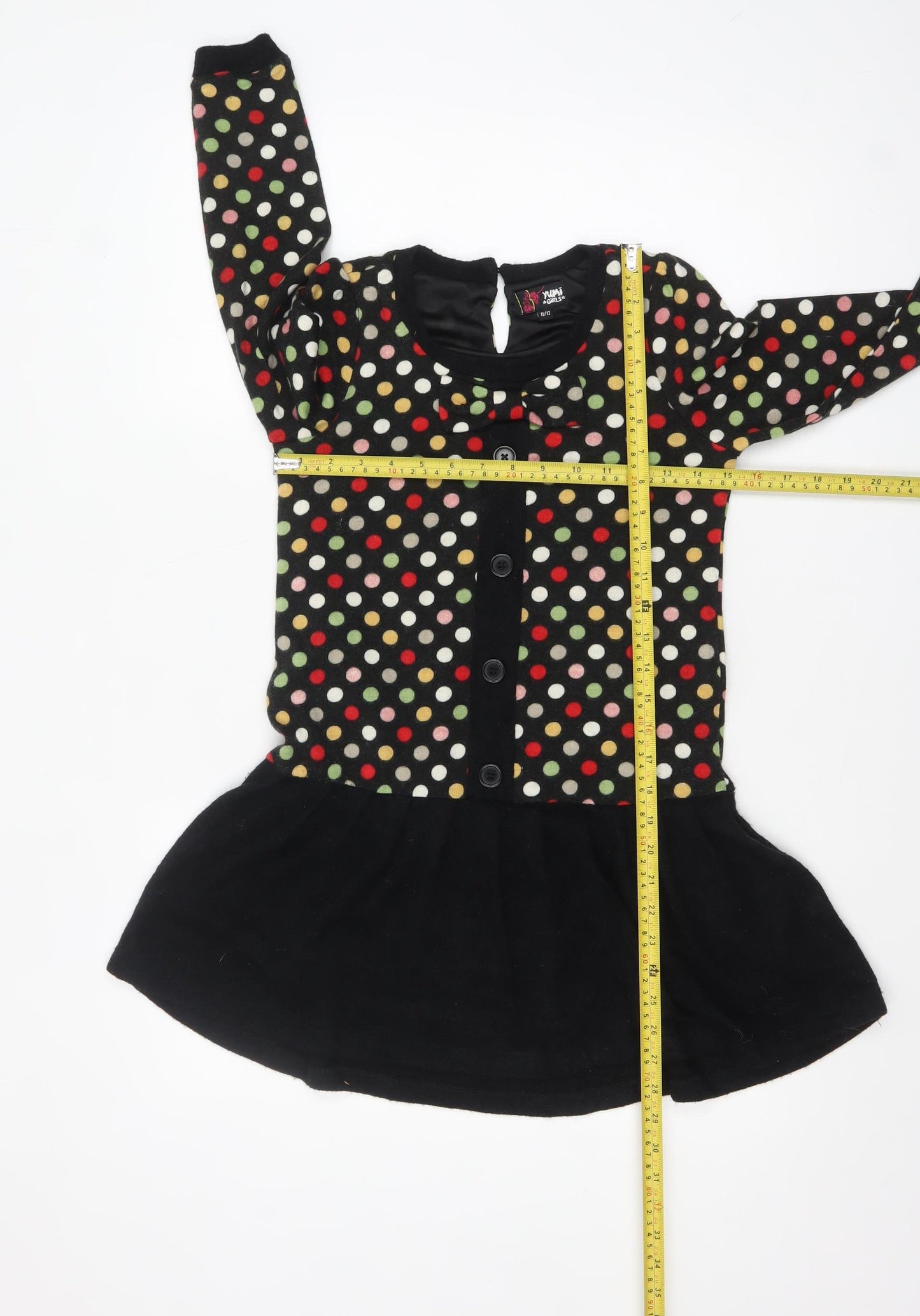 Yumi Girls Black Polka Dot Skater Dress 11-12 Years Long Sleeve
