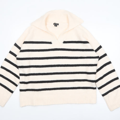 Boohoo Women Ivory Black Striped V-Neck Pullover Jumper Size M