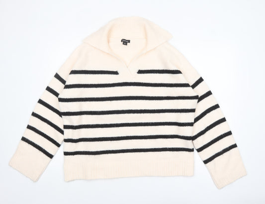 Boohoo Women Ivory Black Striped V-Neck Pullover Jumper Size M