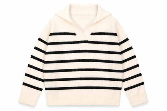 Front view of Boohoo Women Ivory Black Striped V-Neck jumper, size M