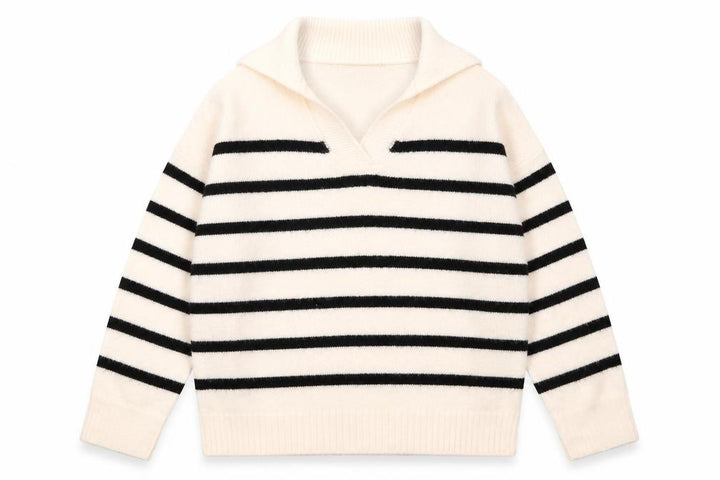 Boohoo Women Ivory Black Striped V-Neck Pullover Jumper Size M