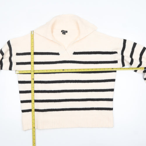 Boohoo Women Ivory Black Striped V-Neck Pullover Jumper Size M