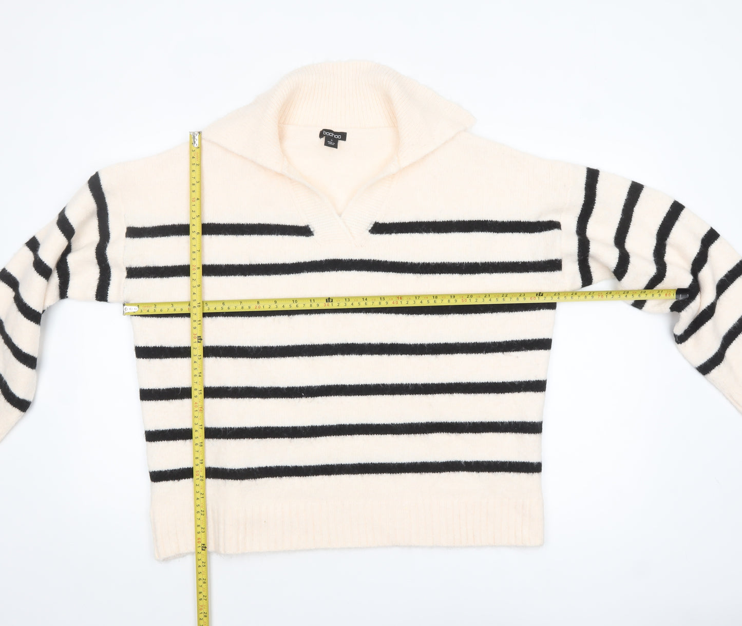 Boohoo Women Ivory Black Striped V-Neck Pullover Jumper Size M