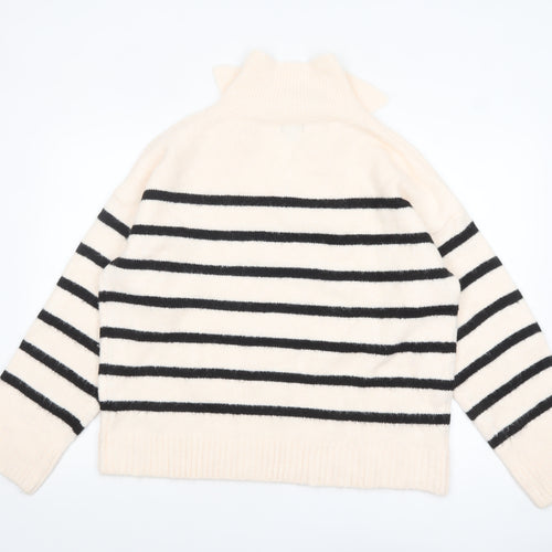 Boohoo Women Ivory Black Striped V-Neck Pullover Jumper Size M