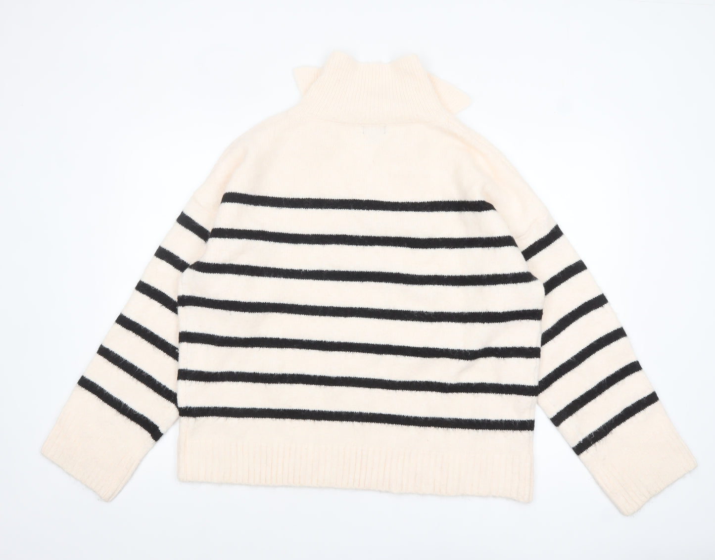 Boohoo Women Ivory Black Striped V-Neck Pullover Jumper Size M