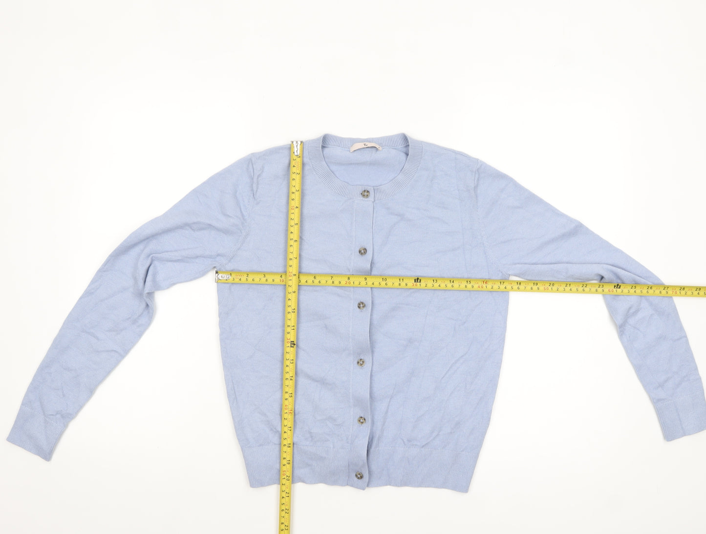 Tu Women's Blue Long Sleeve Crew Neck Button Cardigan Size 8