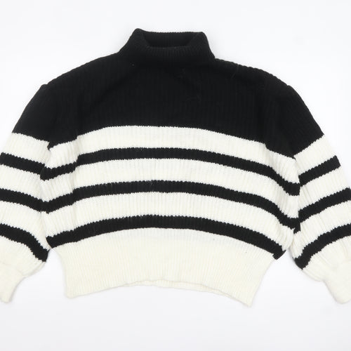 Dorothy Perkins Women’s Black White Striped Mock Neck Chunky Knit Jumper Medium