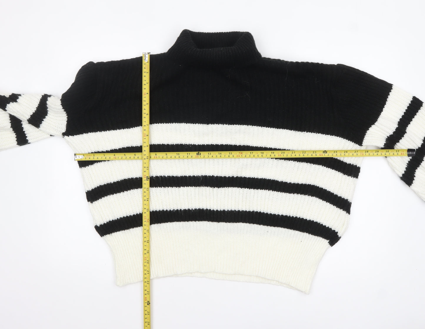 Dorothy Perkins Women’s Black White Striped Mock Neck Chunky Knit Jumper Medium