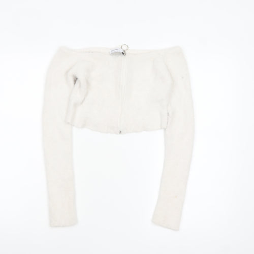 Bershka Women White Full Zip Long Sleeve Boat Neck Jumper Size 12