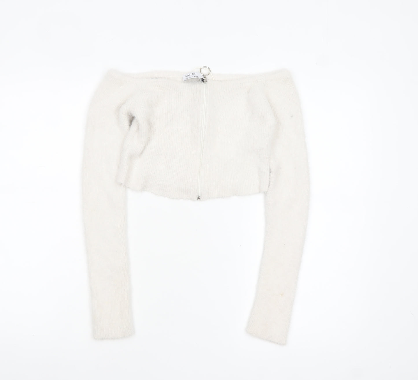 Bershka Women White Full Zip Long Sleeve Boat Neck Jumper Size 12