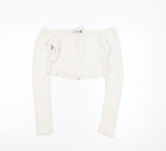 Bershka Women White Full Zip Long Sleeve Boat Neck Jumper Size 12